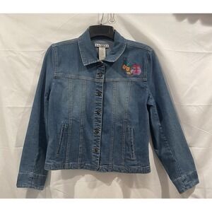 AMI Women's‎ Denim Button Up Jacket Size Medium Cat Butterfly Embroidery